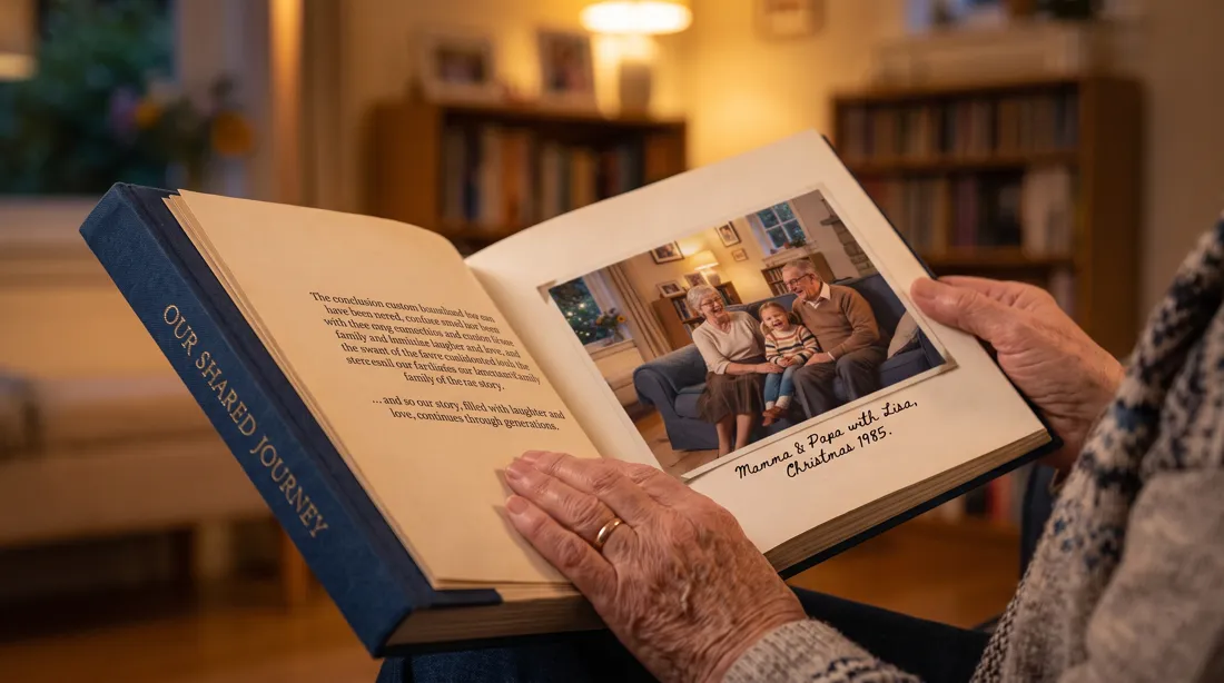 A finished Legacy Trek memoir held in a reader's hands